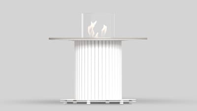 TABLE CORE 400 SLIM in Bianco Farbe, mit Taj Mahal Sinterquarz-Tischplatte, mit manuellem Bioethanol-Einsatz