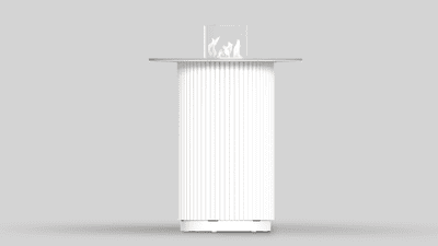 TABLE CORE 785 in Bianco Farbe, mit Taj Mahal Sinterquarz-Tischplatte, mit manuellem Bioethanol-Einsatz
